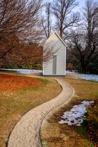 A vertical shot of a narrow pathway leading up to a wooden shed surrounded by trees