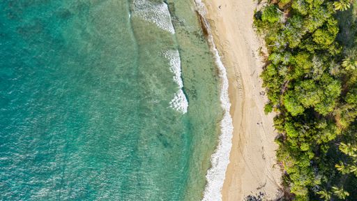 A sandy beach of an azure ocean viewed from above