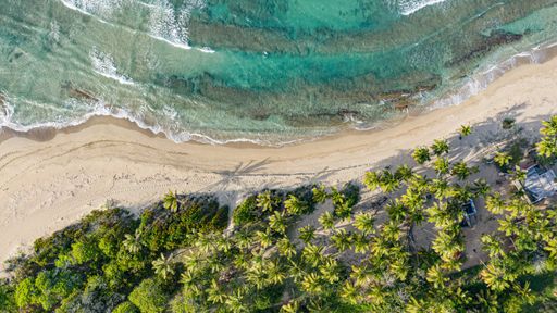 A sandy beach of an azure ocean viewed from above