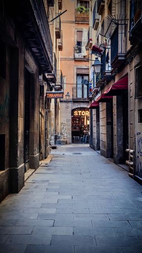 A quaint alley in Barcelona's Gothic Quarter, with rustic charm and glowing shop signs, highlighting the city's urban beauty.