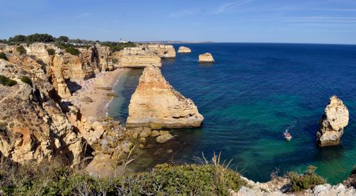 A panoramic shot of the Atlantic from Marinha Beach in Portugal