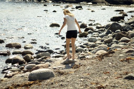 A young woman standing on a rock on the sandy shore of a beach with the clear waters in front of her