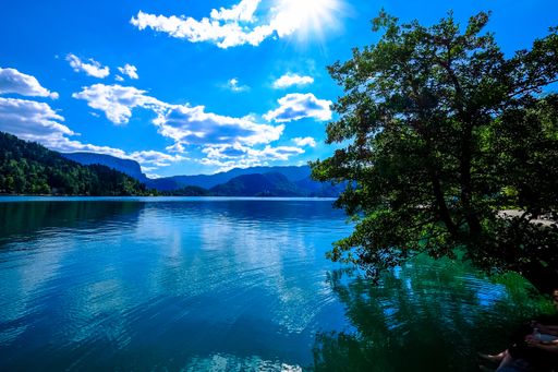 A beautiful shot of people sitting near the water and forested mountains in the distance under a blue sky