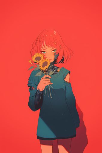 Anime-style illustration of a girl with red hair holding sunflowers against a vibrant red background.