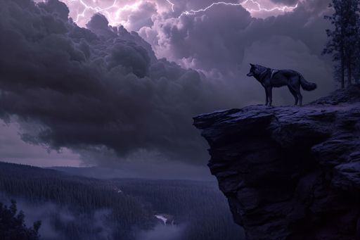 A lone wolf stands on a cliff edge under dramatic storm clouds, creating a powerful and atmospheric scene.