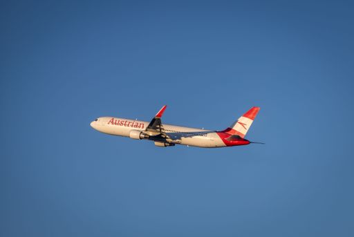 Austrian Airlines plane taking off from Boston's Logan Airport bound for Vienna