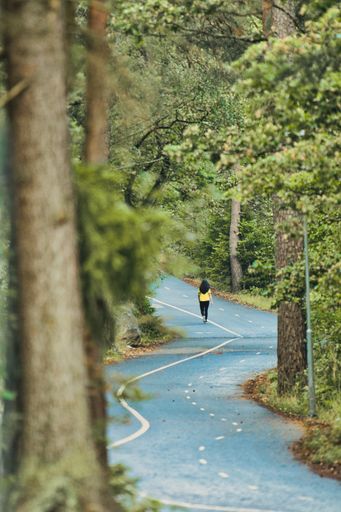 A vertical shot of a female walking on curvy road with high trees on sides