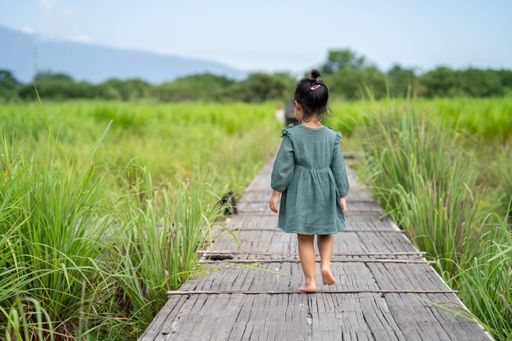 A rear view of a little girl walking on a wooden pathway along a green field