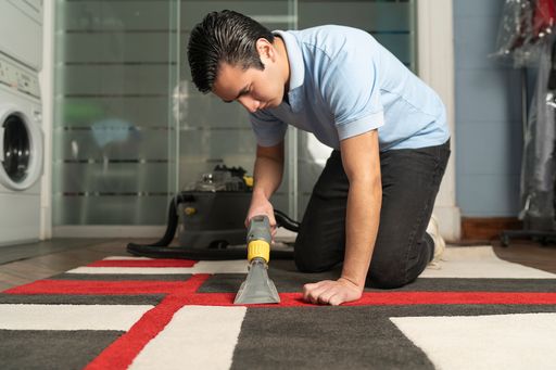 A closeup shot of a laundry worker cleaning carpet with special equipment.