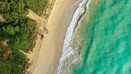 An overhead shot of the coastline with golden sands and azure seawater