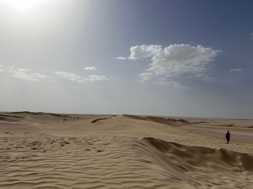 A vast desert landscape under a bright sky with a lone figure walking, capturing the serene beauty of the sand dunes.