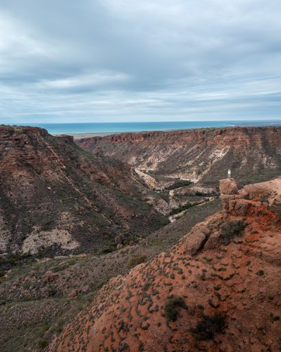 A person stands atop a rocky cliff overlooking a vast canyon under a cloudy sky, showcasing rugged terrain and distant ocean views.