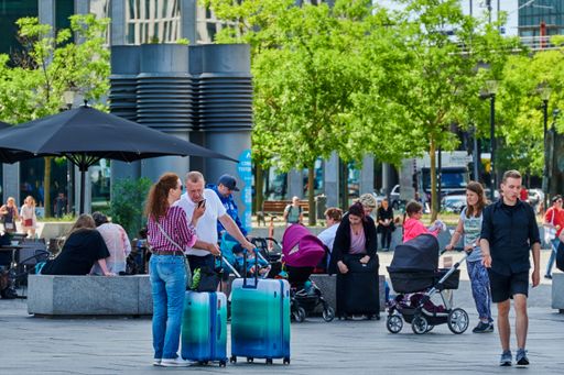 Berlin, Germany - July 29, 2021: Travelers in the area of the Berlin Central Station in the center of the city.