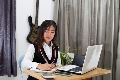 A closeup shot of a young Southeast Asian businesswoman attending online economic class from home