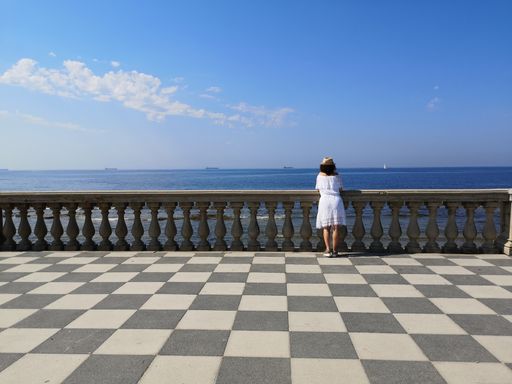 A woman leaning on the handrails of the Mascagni Terrace and admiring the seascape in Livorno, Italy