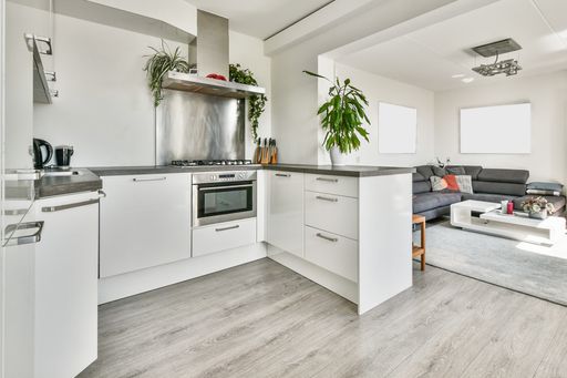 The kitchen and the dining room of a modern apartment