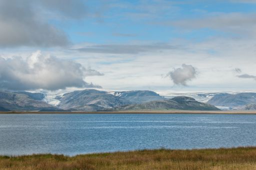 A landscape of mountains with snowy peaks in Iceland