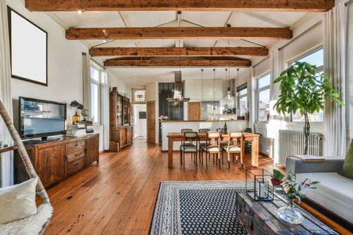 The kitchen and the dining room of a modern apartment