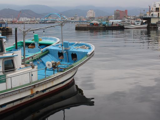 Old rusty boats on the sea surrounded by hills and buildings in the daylight