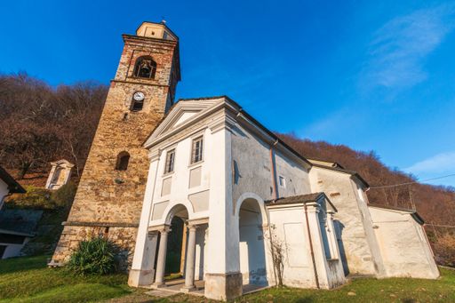An exterior view of the Church of San Bernardo on a sunny day, Cellio con Breia, Vercelli, Italy