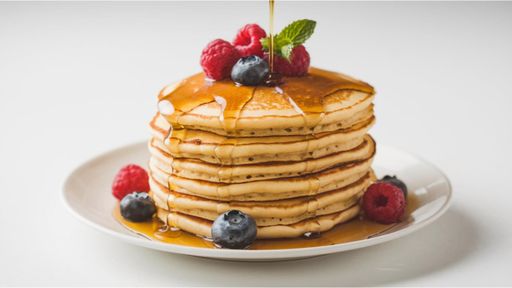 Stack of fluffy pancakes topped with fresh raspberries, blueberries, and syrup on a white plate.