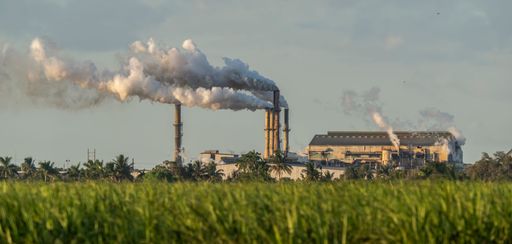 Industrial factory with smoke stacks emitting pollution, set against a lush green field under a cloudy sky.