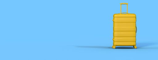 A 3D rendering of a yellow suitcase on a blue background