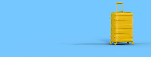 A 3D rendering of a yellow suitcase on a blue background