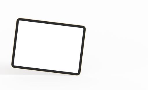 A 3D rendering of a tablet screen with copyspace isolated on a white background