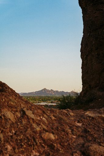 A vertical shot of sandstone rock formations in Papago Park, Arizona, USA