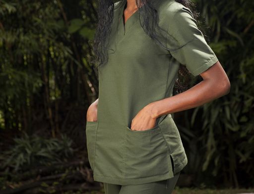 A female in a dark green scrubs uniform with his face and legs non-visible