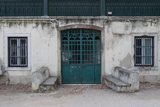 An old building facade with a green door
