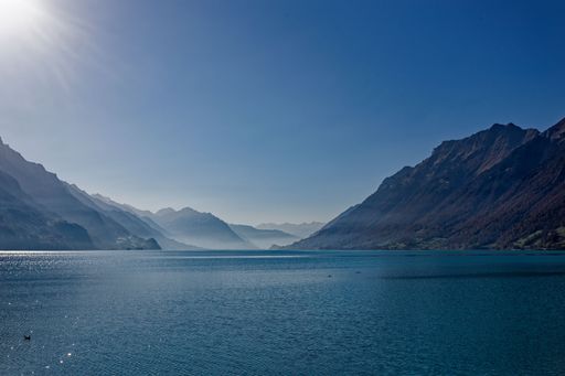A serene view of Lake Brienz with surrounding mountains under a clear blue sky in Switzerland.