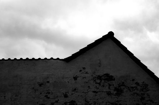 A low angle shot of a rooftop under the cloudy skies in grayscale