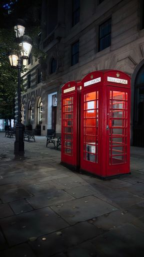 Iconic London red telephone boxes illuminated at night, showcasing British heritage.