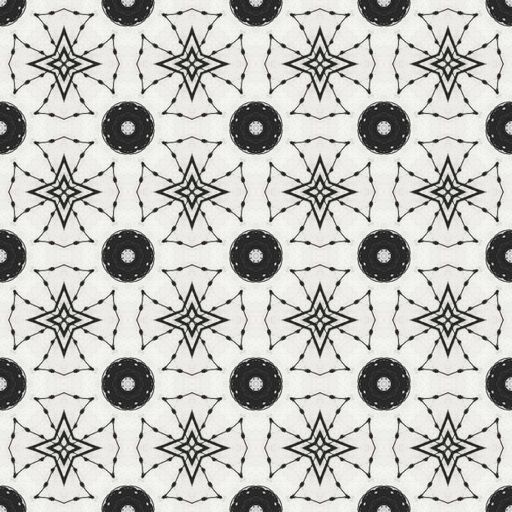Seamless black and white geometric pattern with star and circle motifs, perfect for backgrounds or textiles.