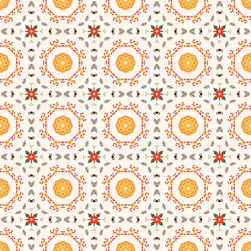 Seamless geometric pattern with colorful circular and star motifs on a light background, perfect for textiles or wallpapers.