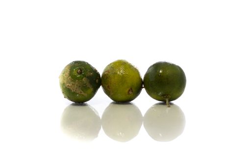 A closeup view of a unripe green lemon isolated on a white background