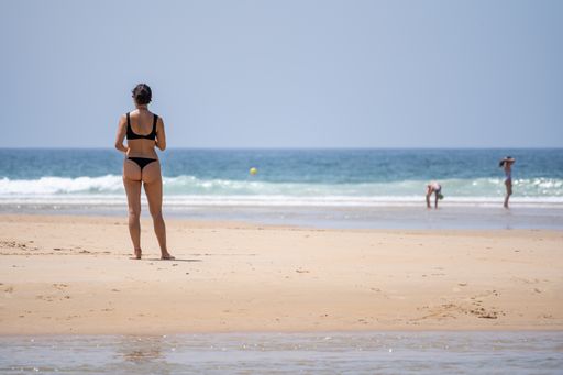 A rear view of a young female in a bikini standing on the beach and admiring the sea