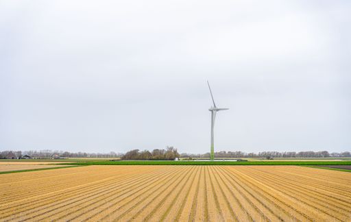 A wind turbine stands tall in a field of yellow straw under a clear sky