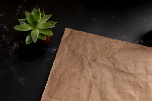 A top view of a brown wrapping paper and a small green plant on ablack surface