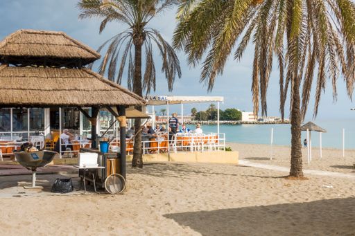 A cafe on the sandy beach on the coast in Fuengirola ,Spain