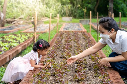 A young mother in a face mask planting vegetables in a garden with her little daughter