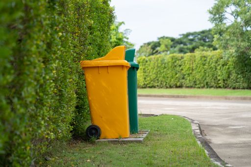 An exterior view of two trash bins on the street