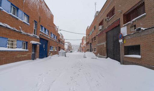 Incredible snowfall with snowdrifts in Torrejon de Ardoz in the storm of Filomena that left half a meter of snow. Historic snowfall in Madrid.