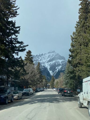 Street view in Banff, Alberta with snow-capped mountains and lined cars under a clear sky.