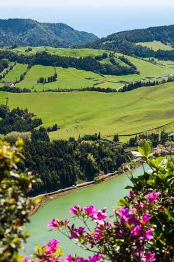 A vertical high angle view of a lake surrounded by mountains covered in greenery under the sunlight