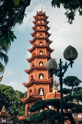 A low angle vertical shot of a beautiful Tran Quoc Pagoda in Vietnam
