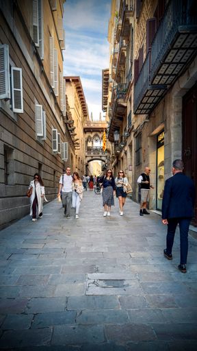 Historic Gothic bridge with ornate architectural details spanning across a narrow medieval street in Barcelona Gothic Quarter, with tourists walking