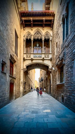 Historic Gothic bridge with ornate architectural details spanning across a narrow medieval street in Barcelona Gothic Quarter, with tourists walking